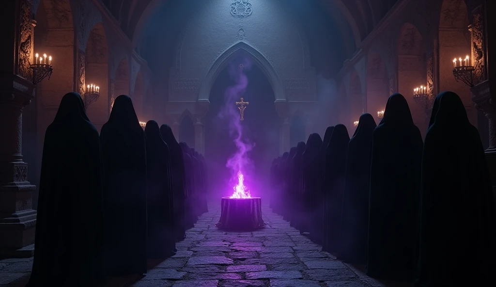 8k、(low angle Bust up on the subject), (number々の賞を受賞したmasterpiece、Incredible detail、Texture、Maximum details),purple flame candle, (summoning magic),(St George's Church in Lalibela at night (Church of Saint George) - Ethiopia), (dark ritual),(dark organization)arafed image of a group of people in a church with candles,lit candle, dark cinematic concept art, elegant cinematic fantasy art, photorealistic dark concept art, by Beeple, dark robes, wojtek fus, gothic epic library concept, gothic epic library, epic cinematic concept art, dark concept art, Beeple and mike winkelmann, symmetrical epic fantasy art, High resolution, masterpiece, Highest quality, Intricate details, Very detailed, Clear focus, practical skin texture, texture, Shot with Canon, 85mm, Shallow and deep, Kodak Vision Color, Exactly, Very detailed, photograph_\(Extremist\), photographpractical, practical, Post-processing, Maximum details, Roughness, Real Life, Extremist practical, Photorealism, photographgraphy, 8K Ultra HD, photographgraphy
