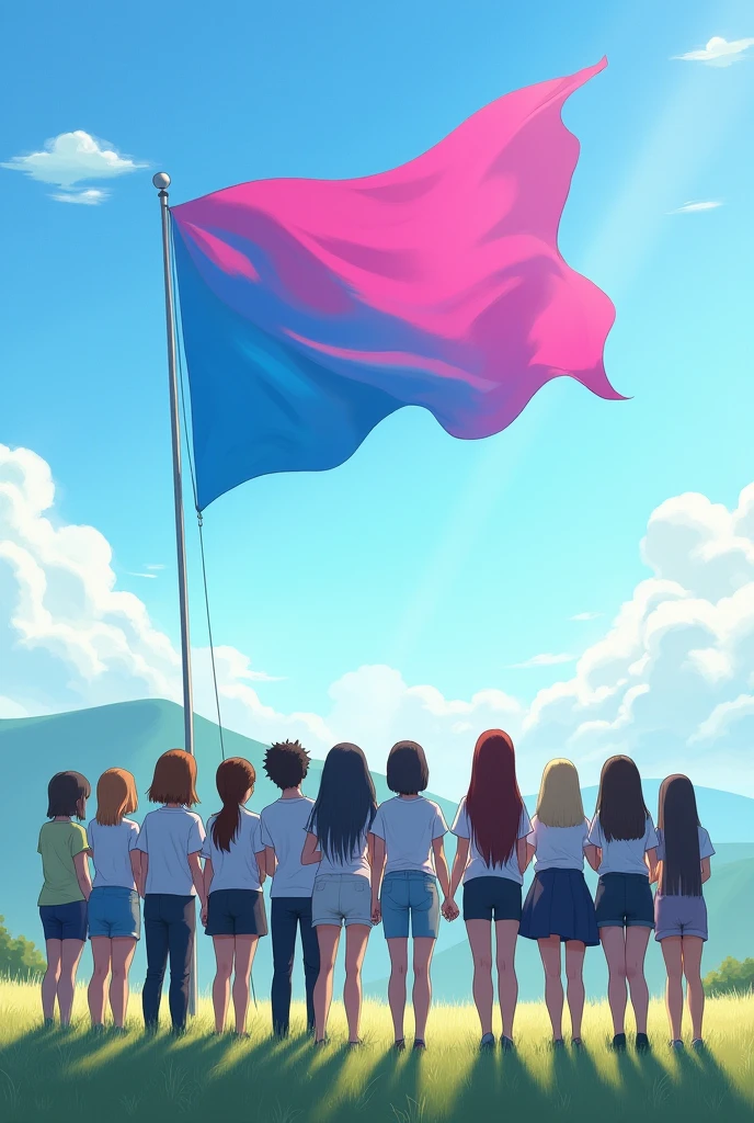 A landscape of 18 students, facing their back, holding hands, and looking up to a pink and blue flag. Square size
