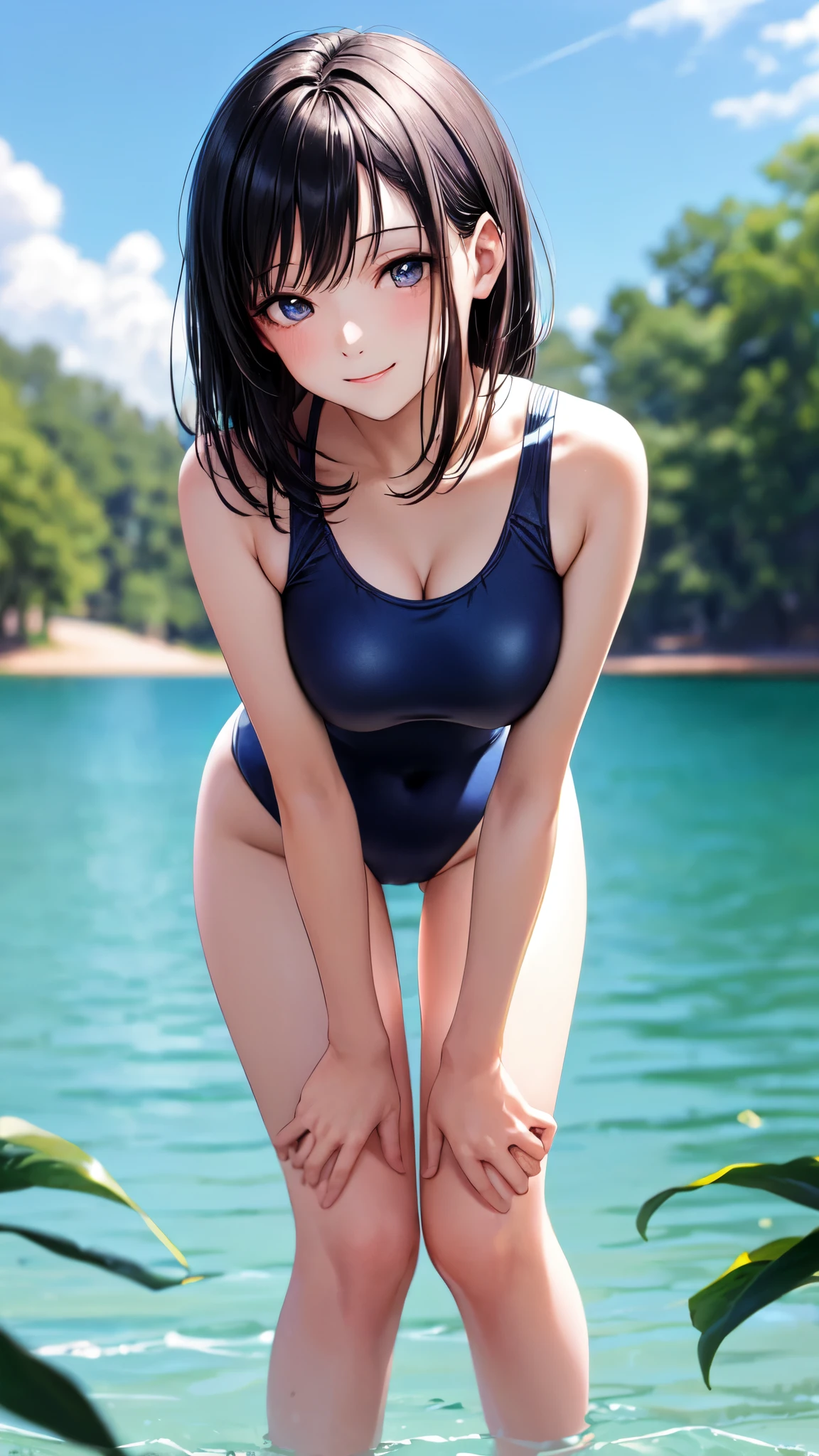 ((masterpiece,best quality,ultra detailed,high resolution)),(daytime,clear weather,bloom),looking viewer,((solo,beautiful-girl)),(black hair),(beautiful detailed face,beautiful detailed eyes),(finely detailed skin,fair skin),slender,smile,(competition swimsuit),(on the beautiful lake,beautiful sky),medium breast,medium hip,(cameltoe),leaning forward,hands on knees,