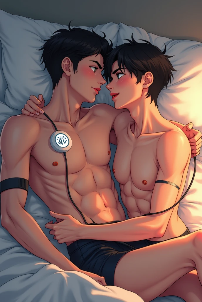 Make make me a anime handsome and cute teen men using muscle stimulator with electric pads making himself stronger on his abs ,chest and bicep looking in pain and while having sex with another men and he fucking loves it.. he look not too bulk and looking like a cartoon anime character.. just slim... they both use muscle stimulator electric pads wire wire to make themselves stronger 