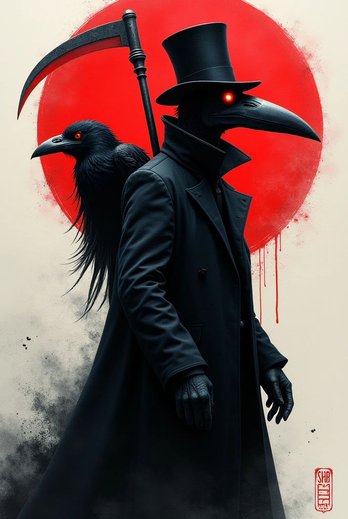 The drawing again shows a plague doctor with the characteristic bird-beak mask., top hat and a raven perched on his left shoulder. The scythe is still present behind the doctor's head.The main differences are:bottom: Instead of the white background, This image has a dark background with a bright red circle behind the doctor, which creates a stronger and more dramatic contrast.Color Details: The eyes of the doctor and the raven are highlighted with a dark red color, which adds a sinister touch to the drawing.Tonality: In general, the image has a darker, more gothic tone, with black background and red elements