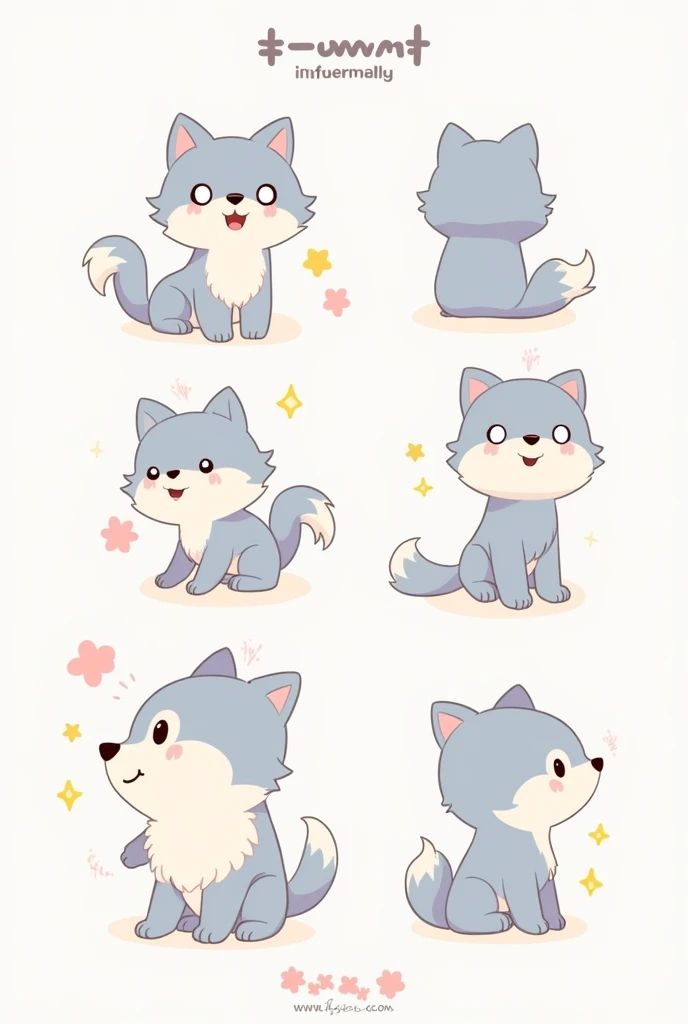 believe me model sheet of a kawaii cartoon style wolf