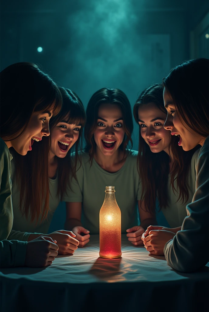 Students playing spin the bottle in the dark with sinister smiles. The image must be animated.