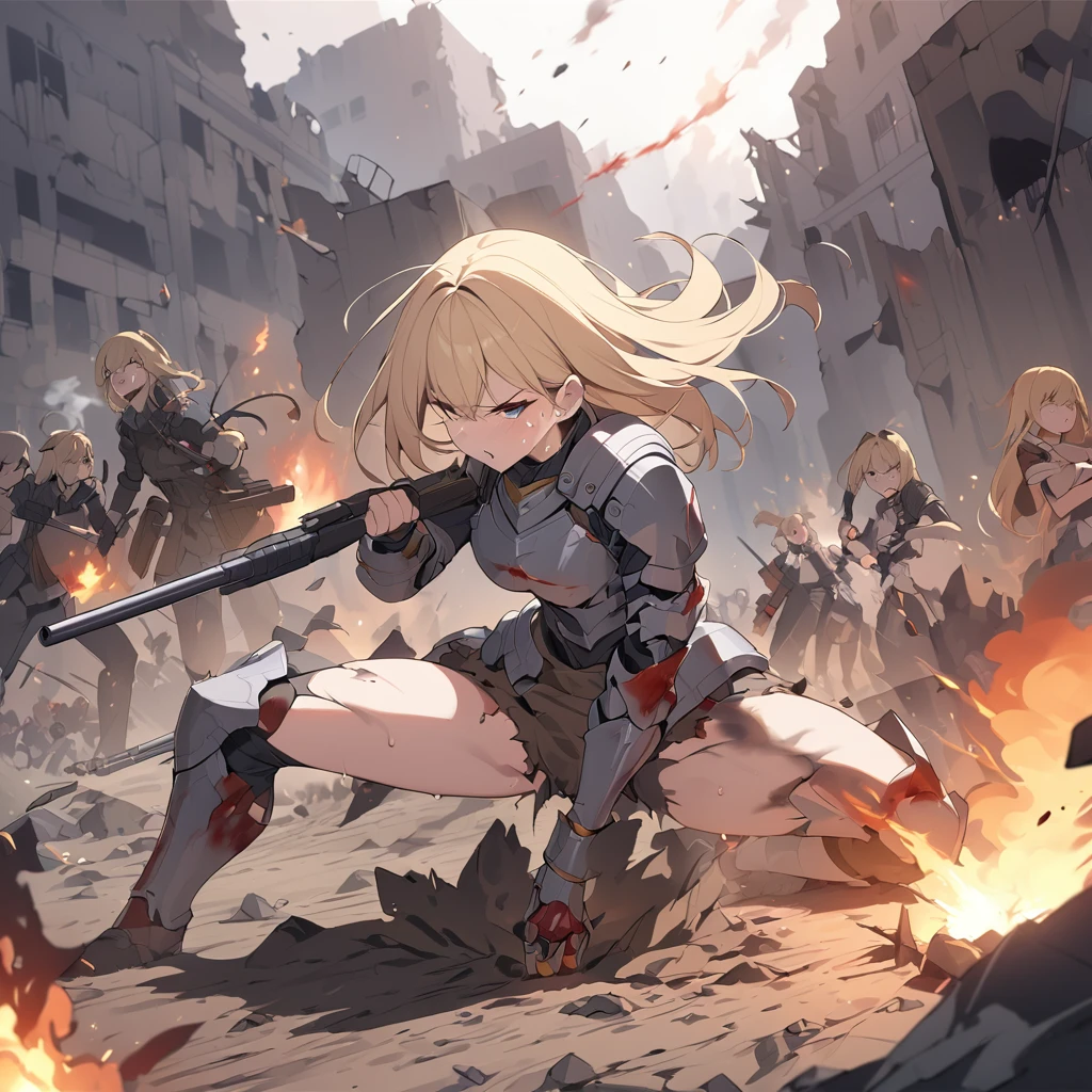 (masterpiece:1.5), (best quality), (Very detailed), (Extremely detailed), (1 Girl:1.2), (whole body:1.2), (Young Girls), (Blonde Hair), (Weapons in hand), (War battle scene), (Bloody atmosphere), (smokes), (fire), (Corpse), (Chaotic background), (explode), (Ragged clothes), (Determine the expression), (Sweat and Dirt), (Injuried), (Dynamic poses), (Damaged Armor), (Burnt landscape), (Fighting Stance), (Burning debris), (fire焰:1.3), (Battle cry), (The sound of war:1.1)