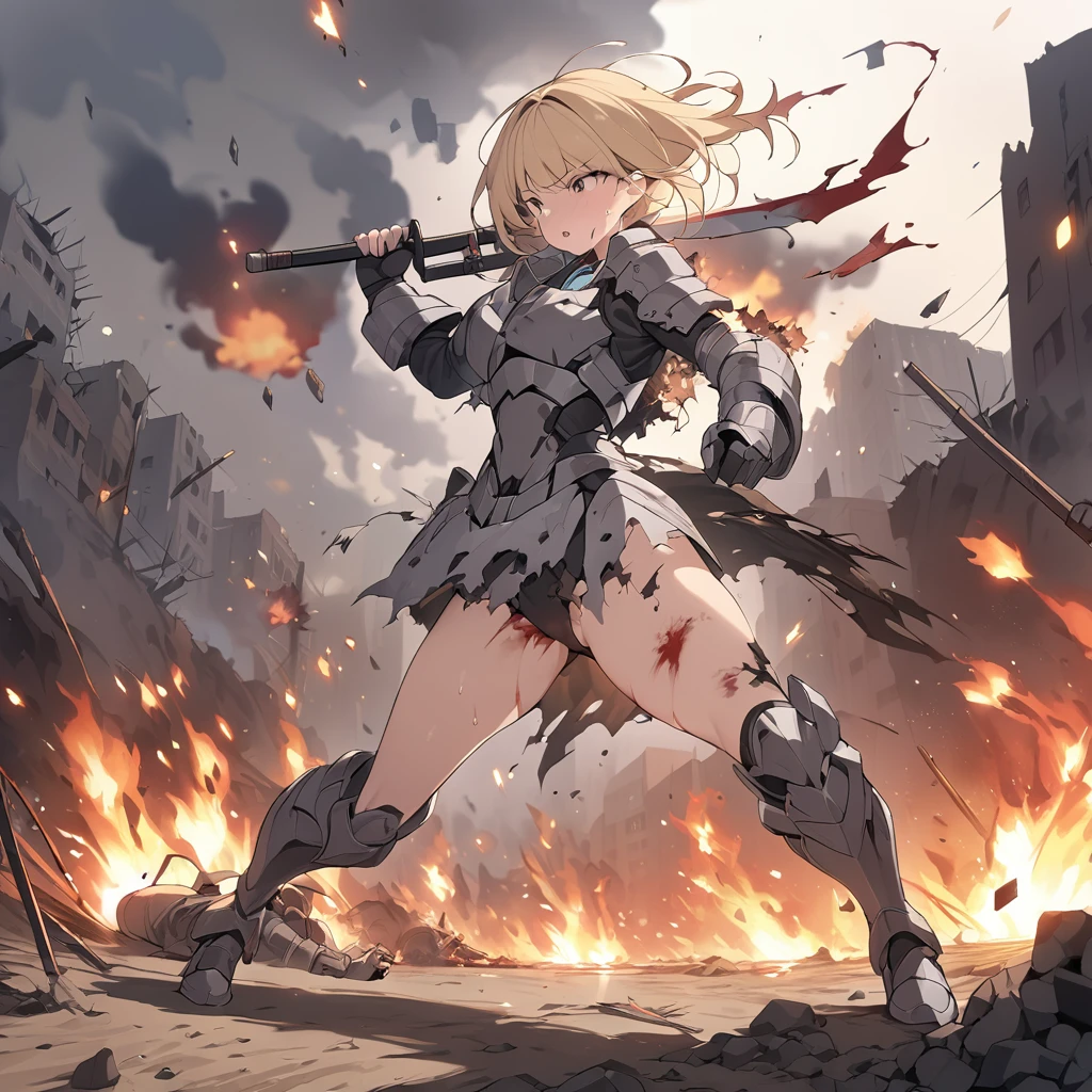 (masterpiece:1.5), (best quality), (Very detailed), (Extremely detailed), (1 Girl:1.2), (whole body:1.2), (Young Girls), (Blonde Hair), (Weapons in hand), (War battle scene), (Bloody atmosphere), (smokes), (fire), (??????), (Chaotic background), (explode), (Ragged clothes), (Determine the expression), (Sweat and Dirt), (Injuried), (Dynamic poses), (Damaged Armor), (Burnt landscape), (Fighting Stance), (Burning debris), (fire焰:1.3), (Battle cry), (The sound of war:1.1)