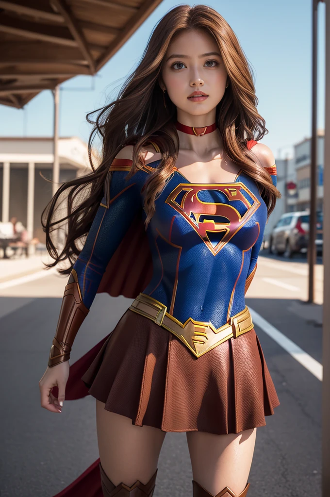 Ultra-realistic depictions,ultra-fine photos,, Best quality, Ultra high definition, Natural light, Full body portrait,( Amazingly beautiful style),((Chestnut hair and semi-long hair that sits in the wind))), Dynamic poses, Detailed beauty face, Brilliant eyes, Front view, (((supergirl costume))), enamel boots, big and full breasts, off shoulder, model body shape, shiny, long sleeve, looking at camera, choker, red mini skirt, Weekly magazine cover, gravure magazine, sweaty, from right in front, Seduce, Urban street, (Beautiful body in detail),((Big)),High detail skin, Realistic skin details, visible pores, sharp focus, 8K UHD, digital, high quality, fair skin, view from below