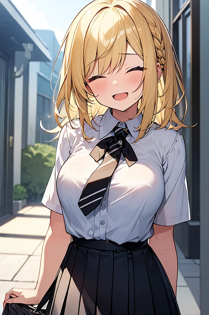 (Masterpiece, Top quality:1.5), nsfw, (1 beautiful girl:1.2), double piece, (short sleeve white shirt, black pleated skirt, tie:1.2), (blonde hair:1.3), single braid, medium Hair, wavy Hair, asymmetry bangs, swept bangs, junior high school student, (large breasts:1.2), smile:1.2, flustered:1.1, beautiful scene of alley, open mouth, wet:1.1, (half-closed eyes, jitome)