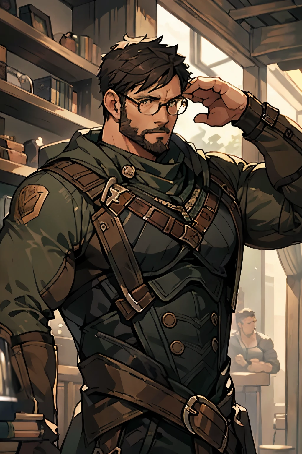 Masterpiece, Best Quality, Ultra-Detailed, 1man, male, manly male, alpha male, old mature muscular male, big, stud, jock, bara, bear, black hair, very short hair, black beard, green eyes, bright eyes, very beautiful and detailed eyes, very detailed eyes, 3, bara, muscular male, tall, large shoulders, large chest, huge arms, (large waist:1.0), ((thick neck:1.0)) athlete, bare biceps, large waist, steampunk style, steampunk, steampunk jacket, brown steampunk jacket, black shirt, Golden details on the jacket, gray details on the shirt, black cloak, cloak over the shoulders, Neutral face, glasses on forehead, cowboy shot, high resolution:1.2, best quality, master part, daylight, Reflection of lens, upper body shot, looking front.