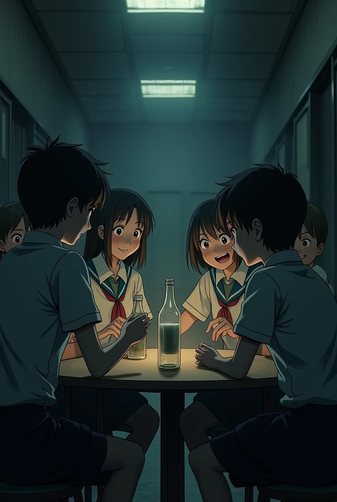 Students playing spin the bottle in the dark with sinister smiles and school uniforms. The image must be animated.