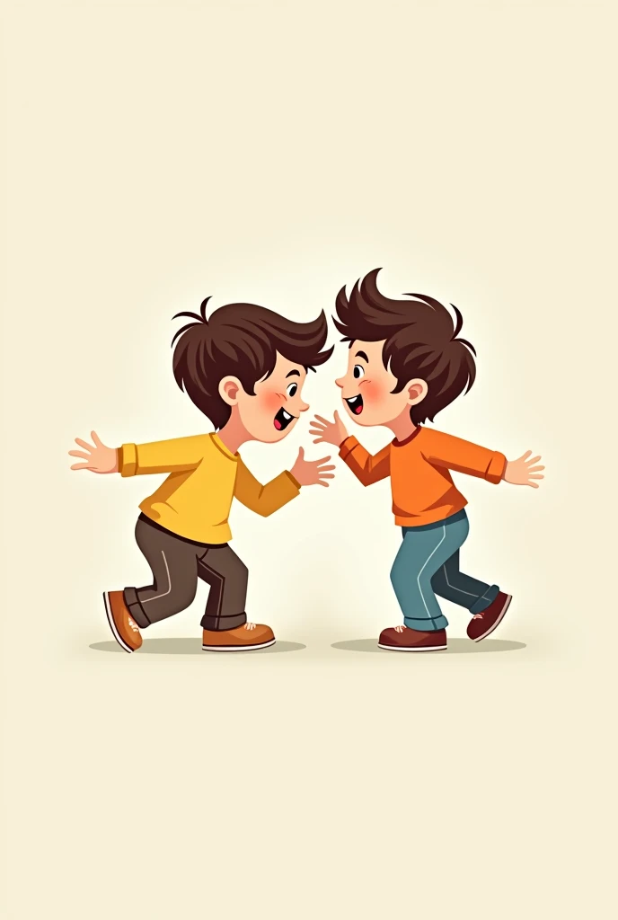 as 2d flat style illustrator or cartoonist using pastel colors, make an illustration of two boys gossiping cheerfully, pointing and looking at lower left corner of the picture