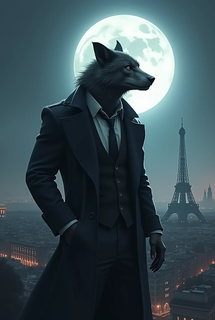 Werewolf in clothes contemplating the full moon over Paris 