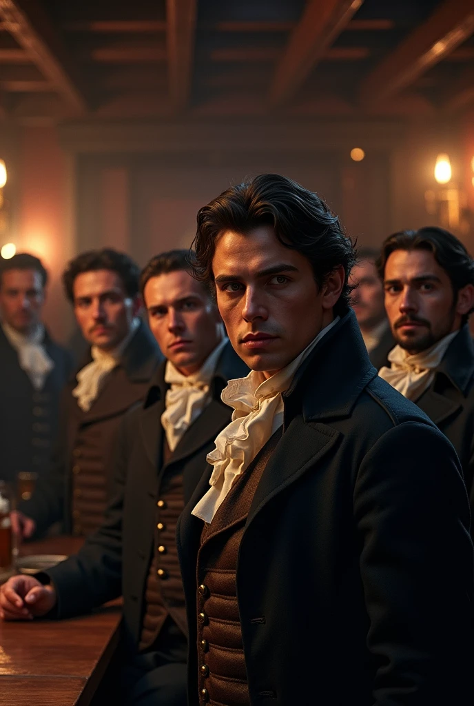 Anime American Male Revolutionaries at a bar judgemental 1776 dark hair staring at camera 