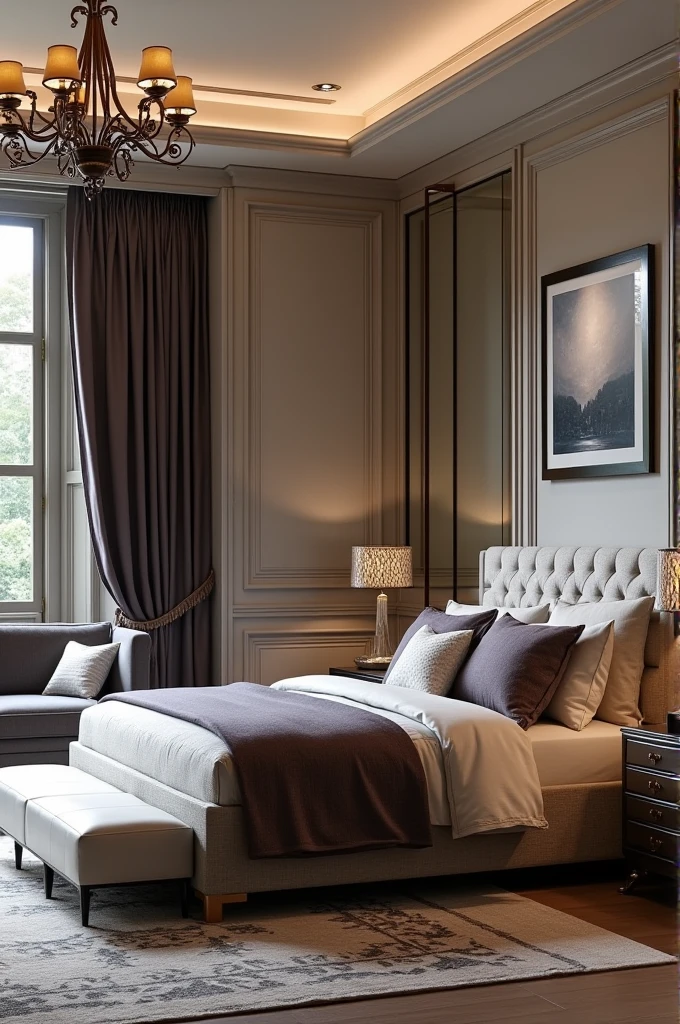 To design a master bedroom that blends modern, modern-classic, and contemporary luxury styles, follow this detailed description:
### **Colors and Design**:
- **Neutral and Warm Tones**: Use soothing colors such as deep gray, beige, and creamy white. Incorporate rich accents like dark purple or navy blue to add depth and a luxurious touch.
- **Modern Design with Classic Elements**: Select furniture with a contemporary aesthetic featuring clean lines and smooth surfaces, while integrating classic details such as decorative moldings on the walls or intricate patterns on the furniture.
### **Furniture**:
- **Luxurious Bed**: Invest in a large, comfortable bed with a modern design, such as an upholstered headboard in premium fabric. Choose high-quality bed linens, like silk or linen, for added luxury.
- **Additional Furnishings**: Include an elegant wardrobe with glass doors and a cozy seating area with a plush sofa or armchairs, complemented by a stylish coffee table.
### **Lighting**:
- **Layered Lighting**: Combine built-in ceiling lights or a modern chandelier for sophistication. Add classic bedside lamps and ambient lighting to create a warm and inviting atmosphere.
### **Decor**:
- **Luxurious Elements**: Incorporate mirrors with ornate frames, high-end artwork, and plush rugs to evoke a sense of opulence.
- **Classic Details**: Add traditional touches such as intricately carved wooden furniture and heavy fabrics, like velvet curtains, to infuse classic charm.
### **Designated Spaces**:
- **Relaxation Area**: Create a comfortable nook with a chair or chaise lounge, a side table, and a lamp for relaxation.
- **Work Area**: If space permits, include a small modern desk with a stylish chair to offer a functional and elegant workspace.