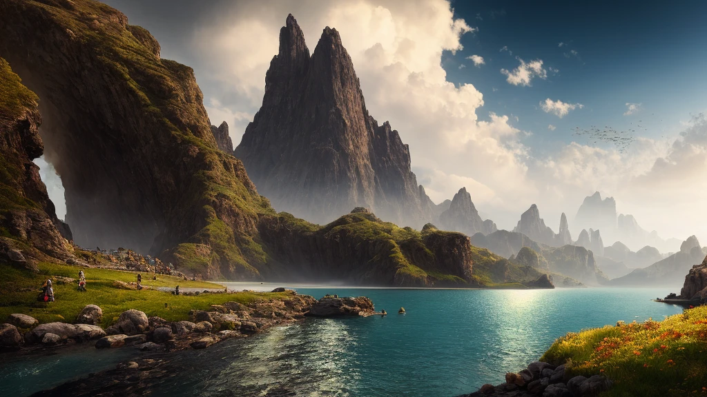 Masterpiece, best quality, high quality, extremely detailed CG unity 8k wallpaper, landscape, outdoor, sky, cloud, sky, no humans, mountain, landscape, water, tree, blue sky, waterfall, cliff, nature, lake, river , cloudy skies, award winning photography, bokeh, depth of field, HDR, bloom, chromatic aberration, photorealism, very detailed, trending on artstation, trending on CGsociety, intricate, style raw, 32K UHD, high detail, dramatic, midjourney art