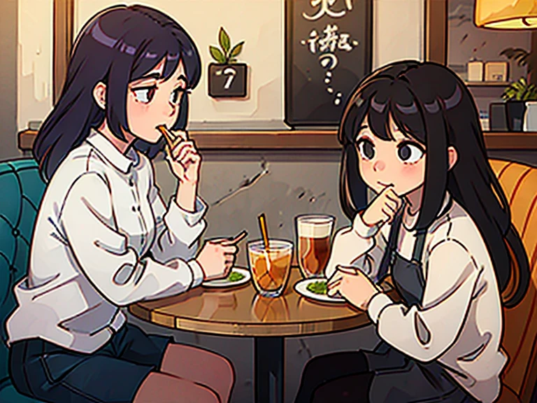 2 girls talking while eating at a cafe