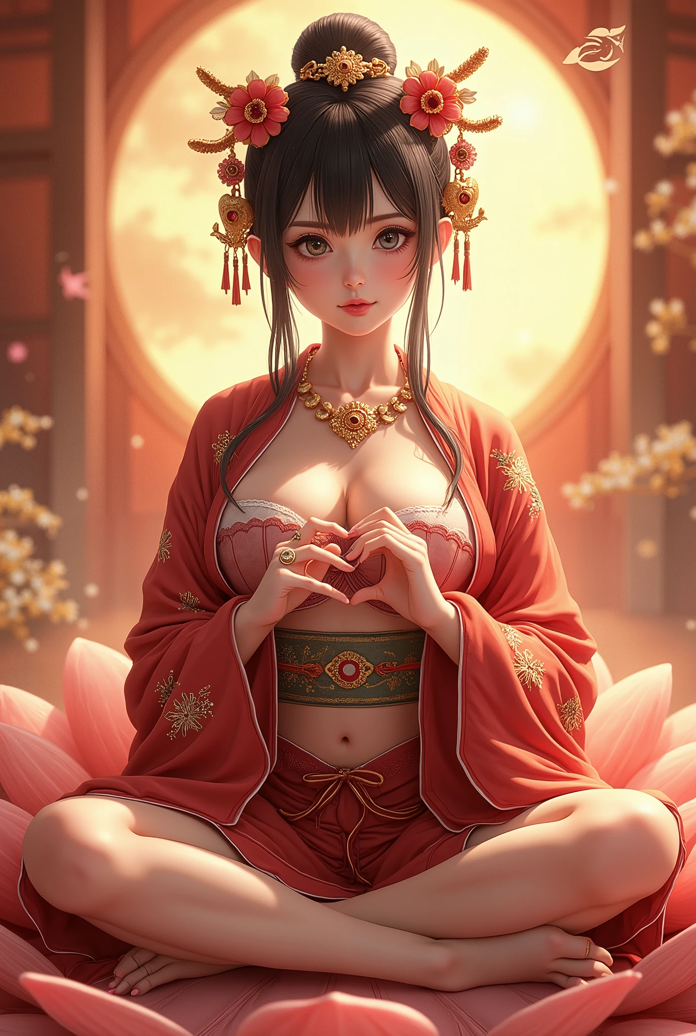 Ultra-high resolution, Attention to detail, Highest quality, Realistic, (((日本の女god))), ((Glamour body:1.2, Sensual body:1.2, Large saggy breasts:1.3, Fatty lower abdomen:1.2)), , (See-through Japan kimono), Face of woman in Japan, Baby Face, Big eyes, Full body portrait, Shiny、Sparkling black hair, Mizura, Many rings on the wrists and ankles, jeweled necklace, Beautiful gold hair ornament and floral decoration, god々New Background, Countless lights dancing in the air, A golden dragon flying in the air,Make a heart shape with your thumbs and index fingers, Sitting cross-legged, Sitting on a lotus flower