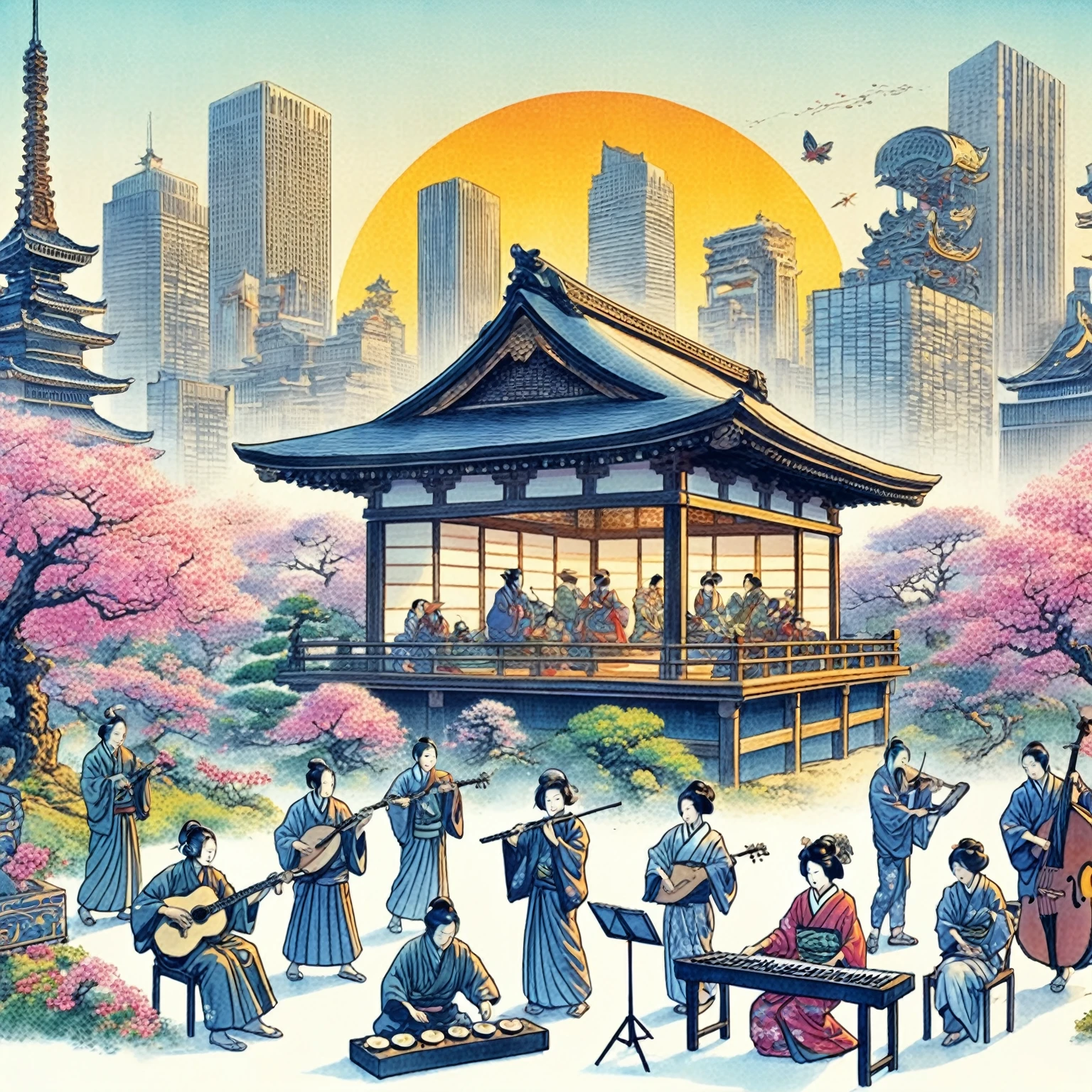 There are many people playing music in Japanese gardens.。, Japanese cities, Tokyo Mural, The art of Japan style, Japanese Fantasy, Japanese Posters, The art of Japan, Japanese Templess, Japanese Temples, Japanese Street, feudal japan art, Japanese illustrationレーター, Traditional Japanese concept art, Japan legacy, Inspired by Hanbei Yoshida, Japanese Watercolor Painting, Japanese illustration, The art of Japan on behance