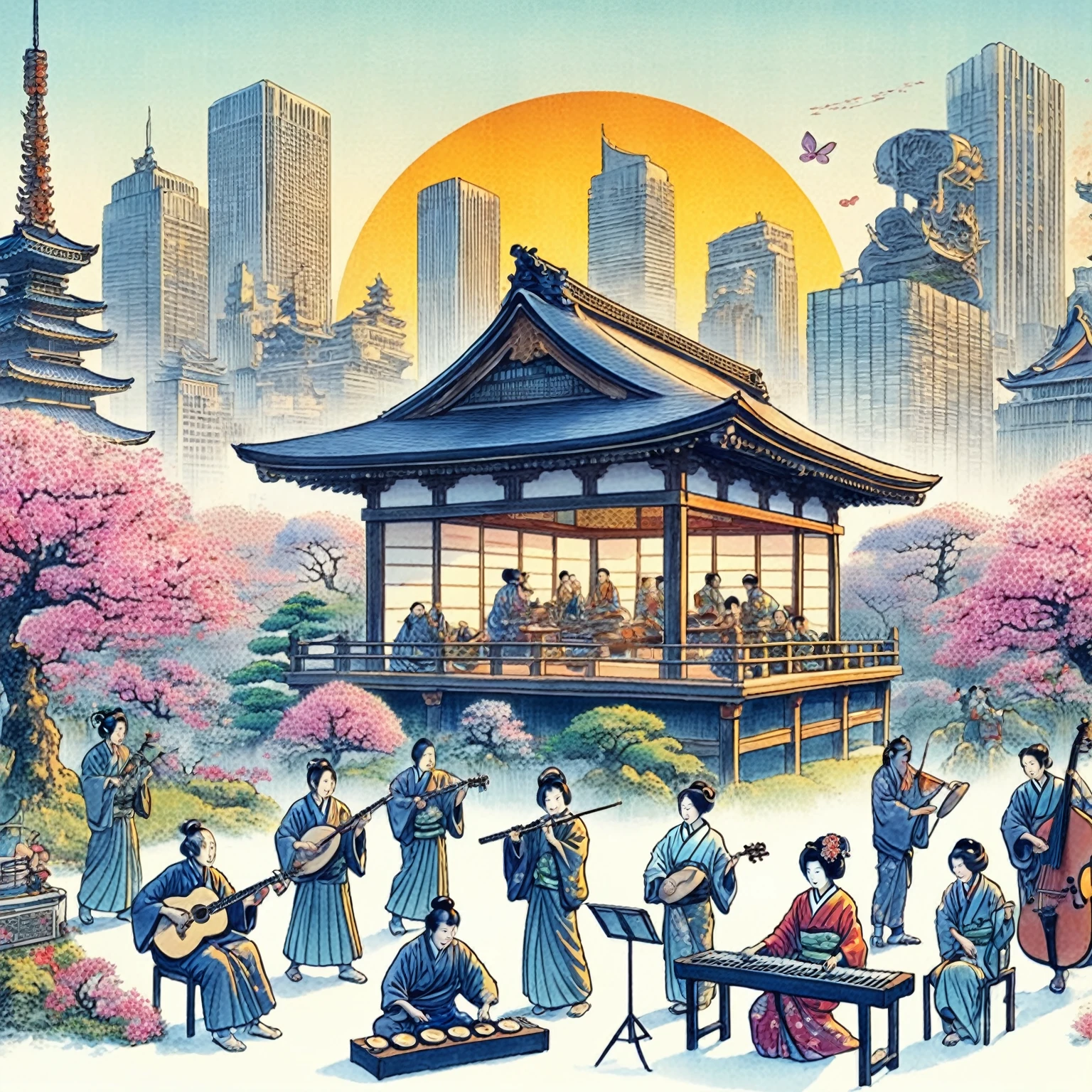 There are many people playing music in Japanese gardens.。, Japanese cities, Tokyo Mural, The art of Japan style, Japanese Fantasy, Japanese Posters, The art of Japan, Japanese Templess, Japanese Temples, Japanese Street, feudal japan art, Japanese illustrationレーター, Traditional Japanese concept art, Japan legacy, Inspired by Hanbei Yoshida, Japanese Watercolor Painting, Japanese illustration, The art of Japan on behance