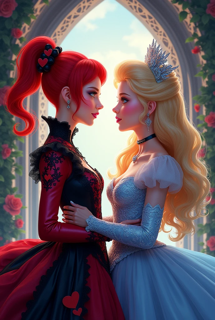 In the new Descendants movie, has two protagonists. Red, the daughter of the queen of hearts and Chloe, Cinderella's daughter. make a cover with them, exactly as portrayed in the film, of the clothes, between the hair and details contained in the character
