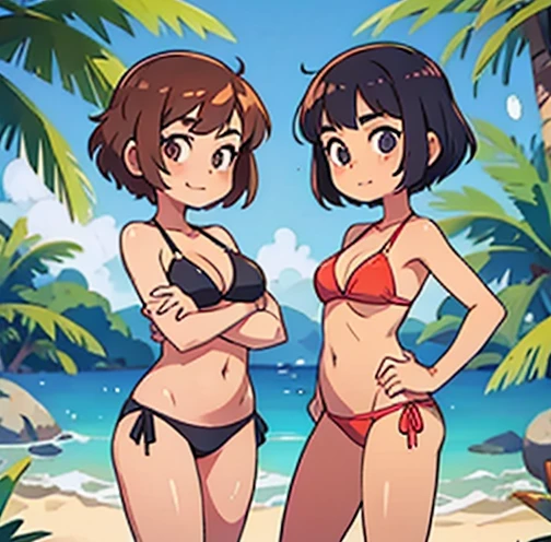 Two girls in sexy bikini posing short hair