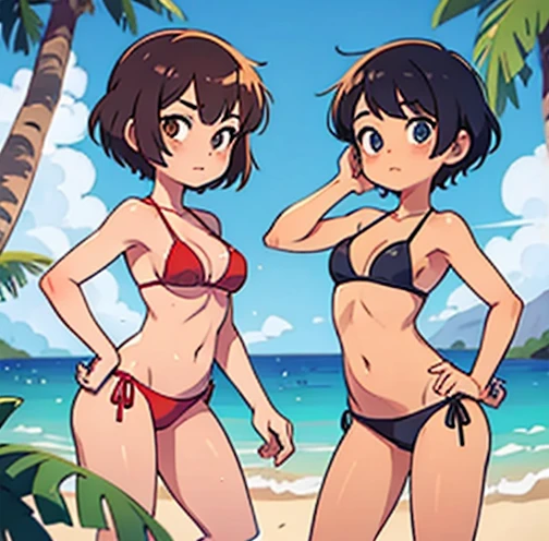 Two girls in sexy bikini posing short hair