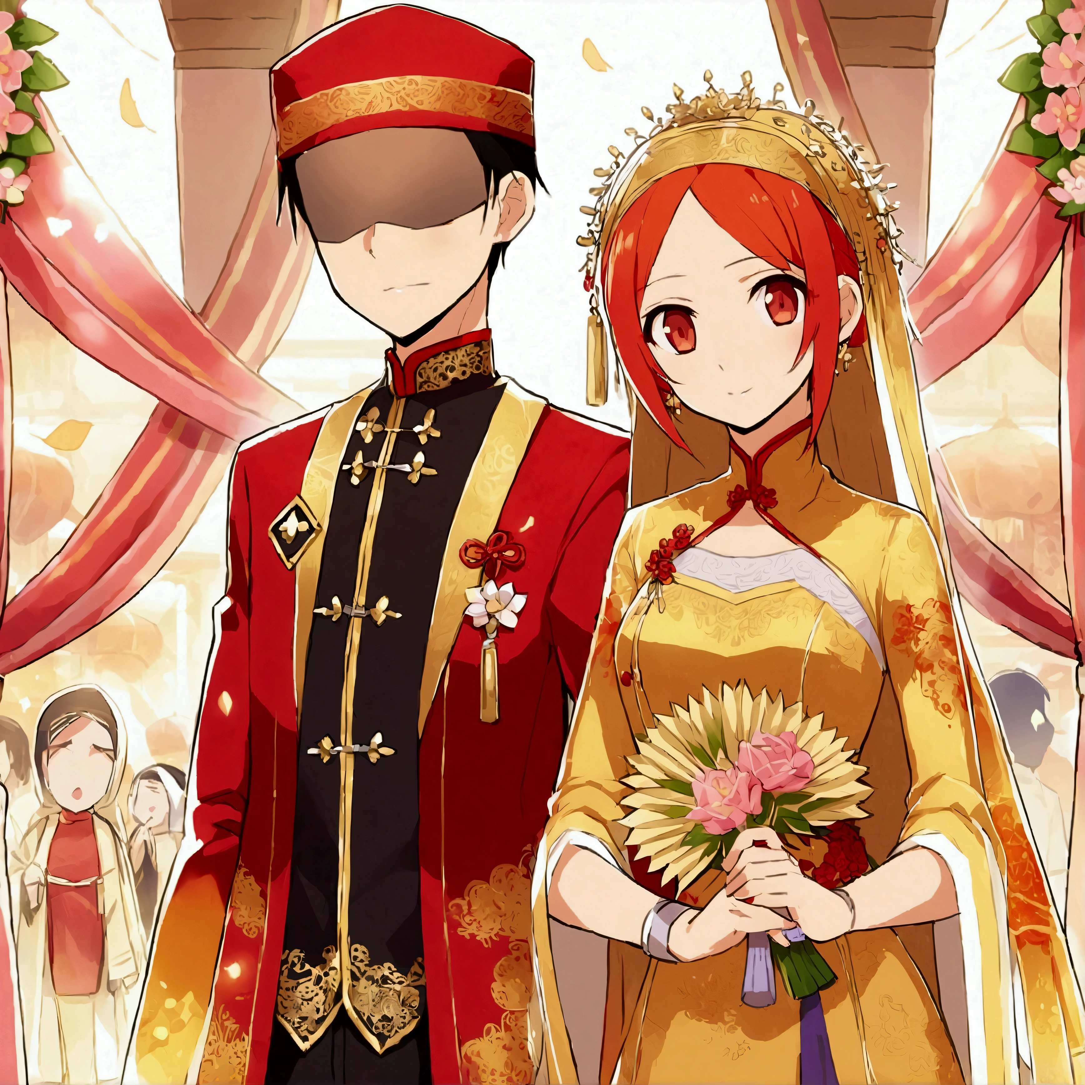 wedding with traditional Chinese wedding clothes in gold and red, hijab woman holding a china fan, eyeless, gaya anime