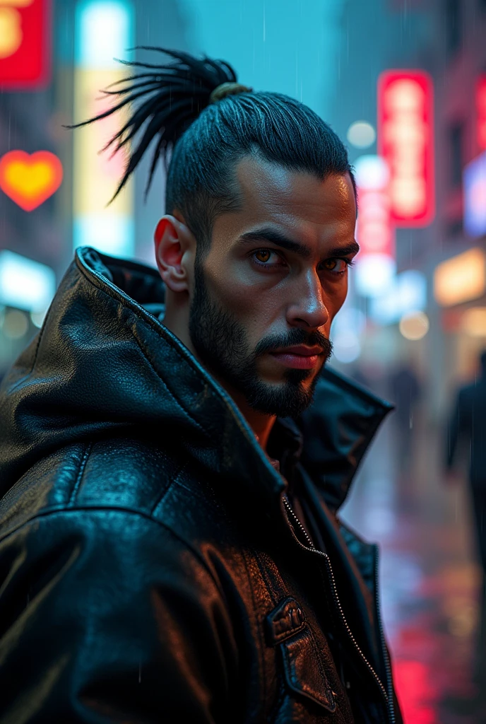 a man in a cyberpunk street, extremely detailed face and eyes, intricate cyberpunk outfit, urban cyberpunk environment, neon lights, rain, cinematic lighting, dramatic shadows, moody color tones, sci-fi, high quality, 8k, photorealistic