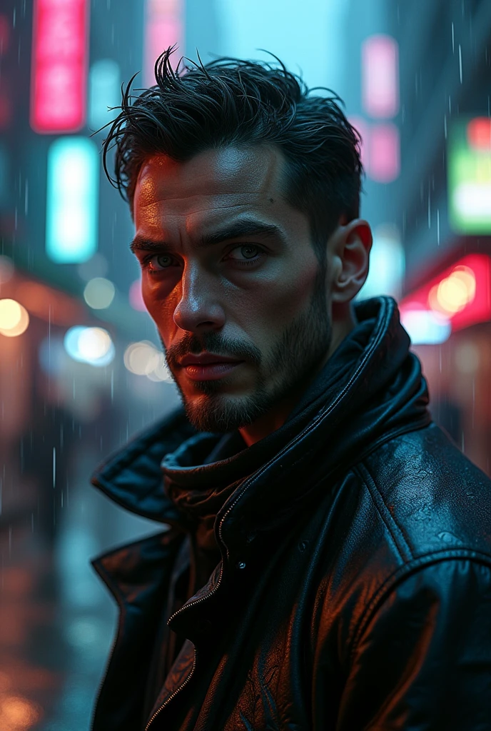 a man in a cyberpunk street, extremely detailed face and eyes, intricate cyberpunk outfit, urban cyberpunk environment, neon lights, rain, cinematic lighting, dramatic shadows, moody color tones, sci-fi, high quality, 8k, photorealistic