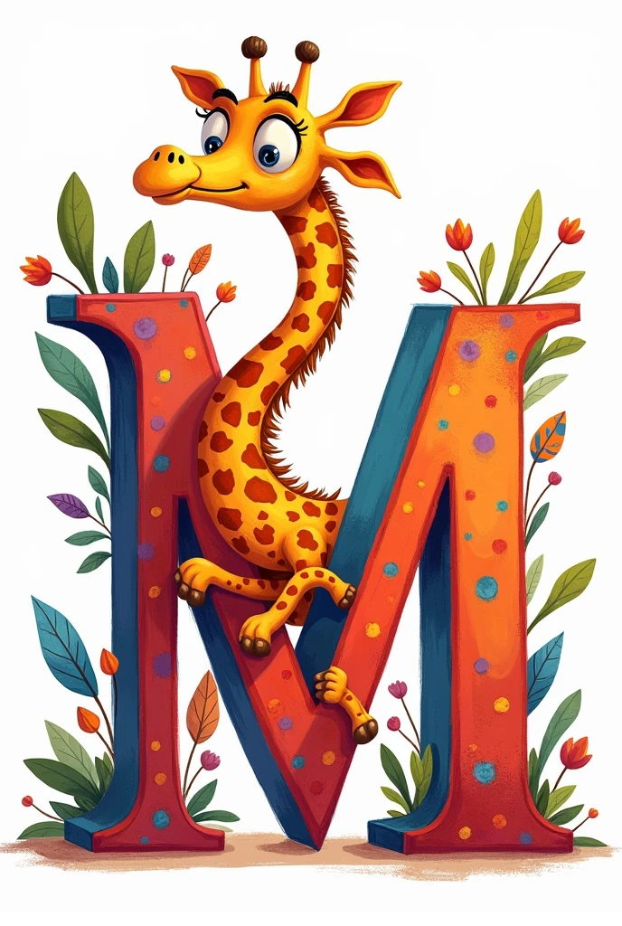 Decorate a letter m with a giraffe and lots of color