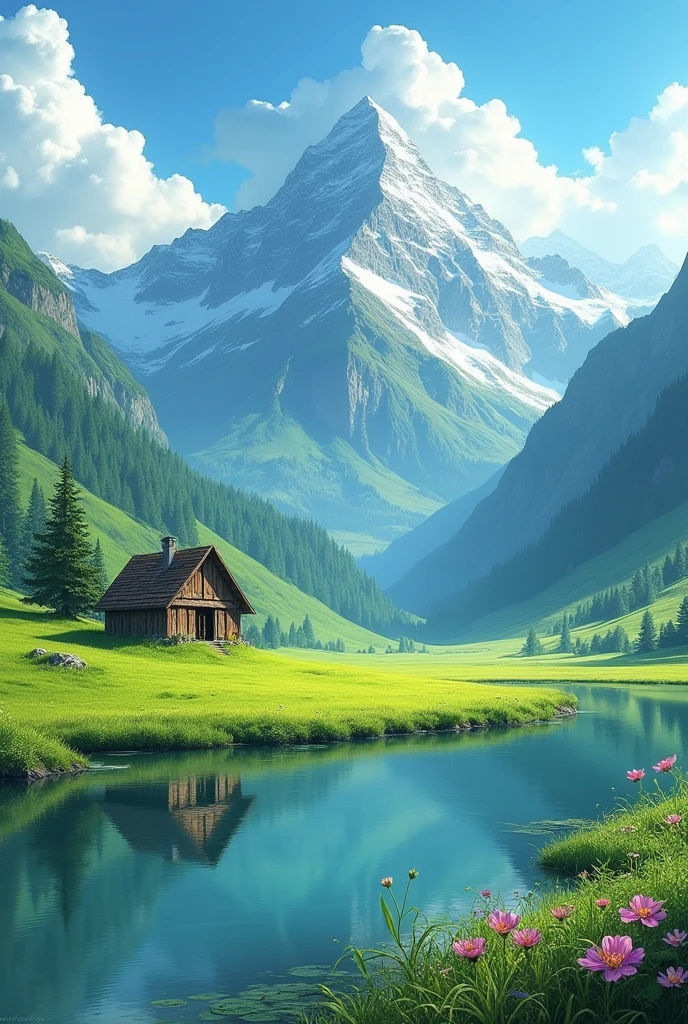 Generate a image of green high mountain and a flat green field beneath those mountains and a small lake and also a small Hut 
