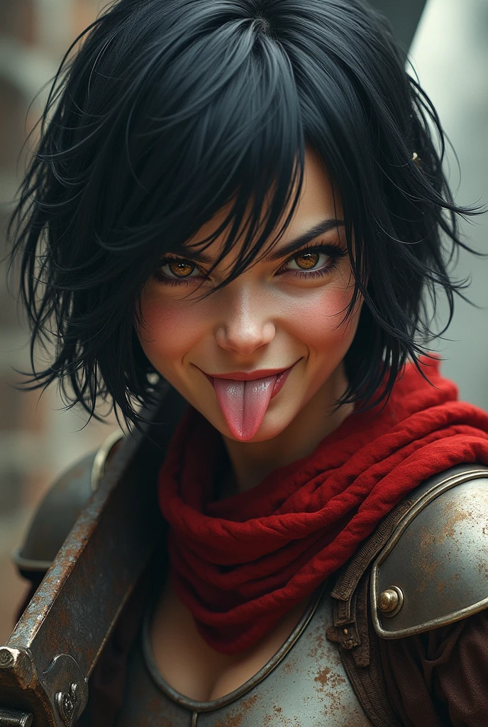 Photographie of a young woman, of average and athletic build, slightly muscular, short black hair, amber eyes almost golden, she wears light armor, a blood red scarf, a large and massive Berserker sword, close-up on her face, mocking and impertinent smile she sticks out her tongue.