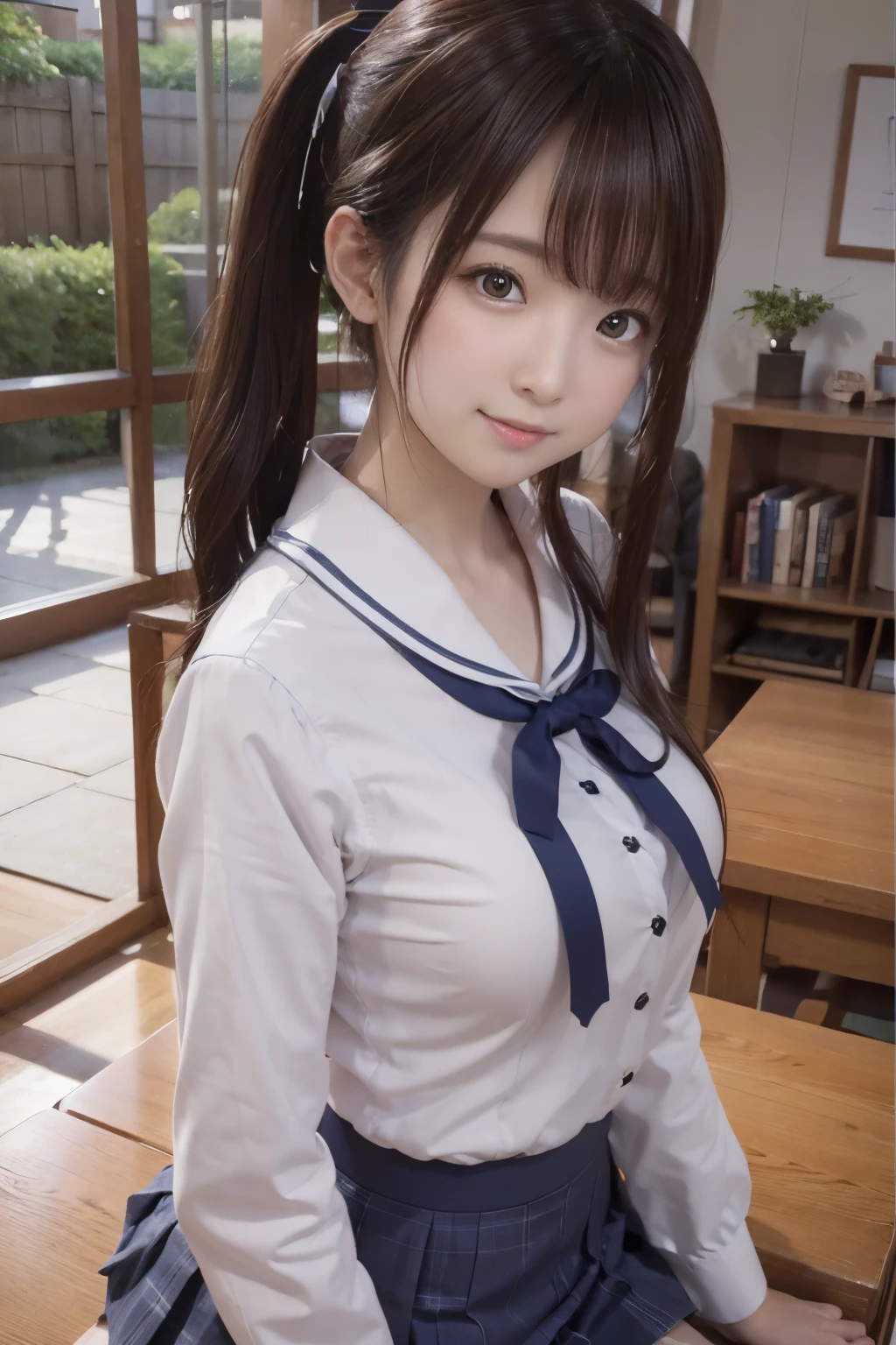 8K, RAW Photo, Best Quality, Masterpiece, Realistic, PhotoRealistic, Extremely Detailed 8k Wallpaper, Beautifully Detailed Eyes, Finely Detailed Face, 
 BREAK 
Professional Lighting, Rim Lighting, 
 BREAK 
Summer, In Classroom, 
Perfectly Anatomically Correct:1.2, 5 Beautiful Thin Finger:1.2, 
 BREAK 
1 Girl, Reading Books, 
(Very Short Ponytail Hair:1.2, Symmetrical Clear Eyes:1.0, Captivating Eye Reflections:1.0, 
(Kawaii), [Japanese], Wide-Set Eyes, Big Eyes, tareme, (White Skinned), Embarrassed, Blush, 
(Round Face, Round Chin), Wet Hair, Messy Hair, [Pouted Cheek]), 
(One Hand Extending to the Viewer:1.4), 
Light Smiling, 
jk, Random School Uniforms, 
[[Showing off Buttocks:1.1, Medium ASS Upturned:1.1, Beautiful Ideal Spherical Shape Buttocks:1.1, Upward Facing Small Breasts, Skindantation:1.0, Curvy Thighs]], 
Looking Back Viewer, 
 BREAK 
SFW:1.0, 
 BREAK 
POV shot, Face Focus:1.0, from Left Side:1.0, Bokeh:1.2