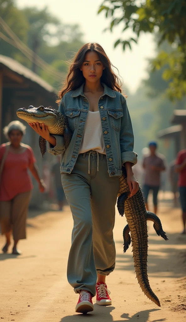 beautiful Indonesian woman, fair skin, big nose, long wavy hair, wearing a denim jacket, long pants, wearing red sneakers, smiling face, walking while carrying a crocodile beside him, aesthetic, on the village road, afternoon soft light, many people, minimal defects, very detail, realistic