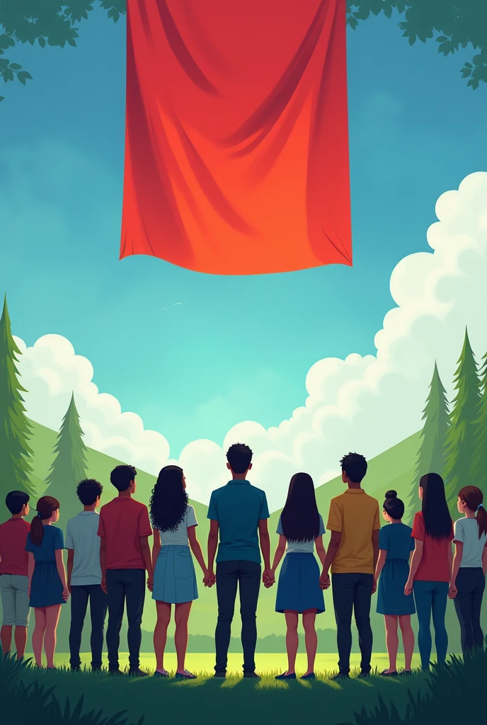 A landscape of 19 students, facing their back, holding hands, and looking up to a pink and blue flag. Square size