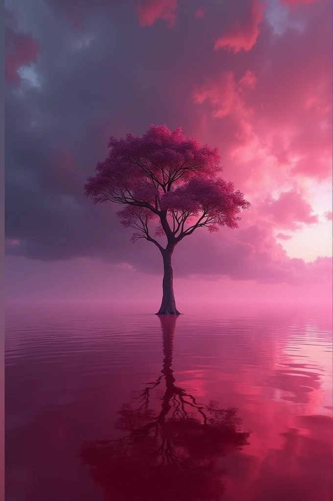 A tree surrounded by red water under the dark purple sky in 4k animation