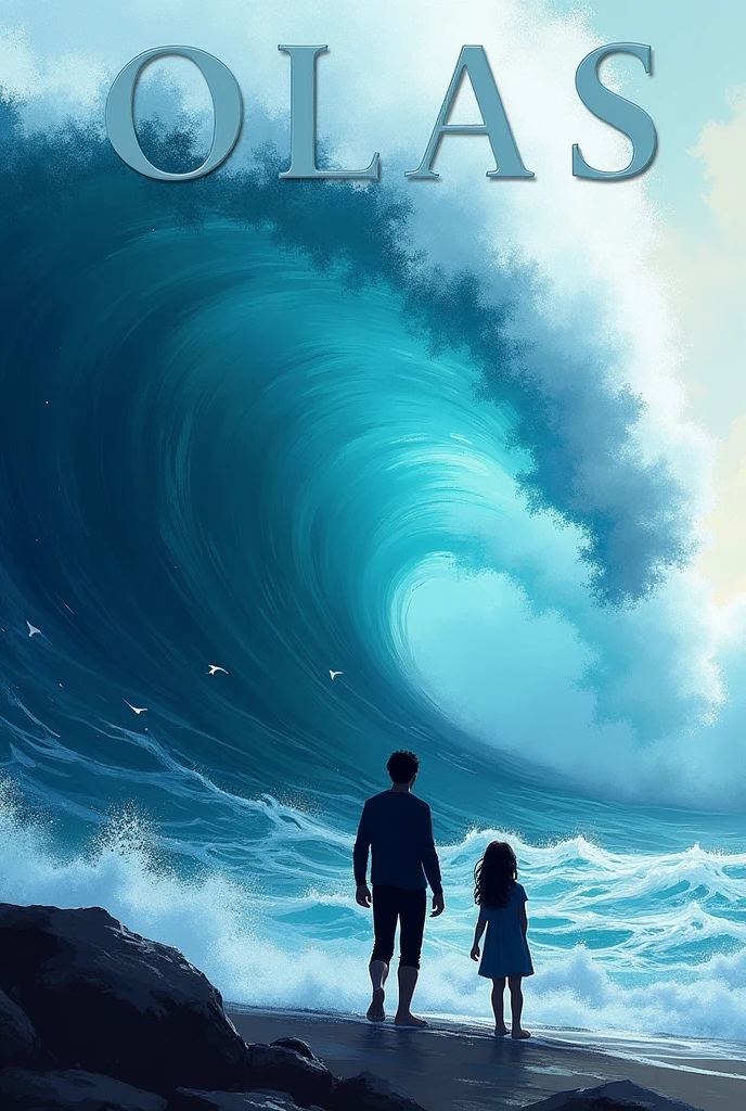 A book cover titled 'Olas'. The background should feature a powerful, slightly abstract ocean wave, symbolizing turmoil and change. The wave is predominantly blue, with streaks of white and darker hues adding depth and emotion. In the foreground, faint silhouettes of a man and a young girl (representing Daniel and Emma) stand near the shore, facing the wave, evoking a sense of journey and struggle. The title 'Olas' is in bold, elegant letters at the top