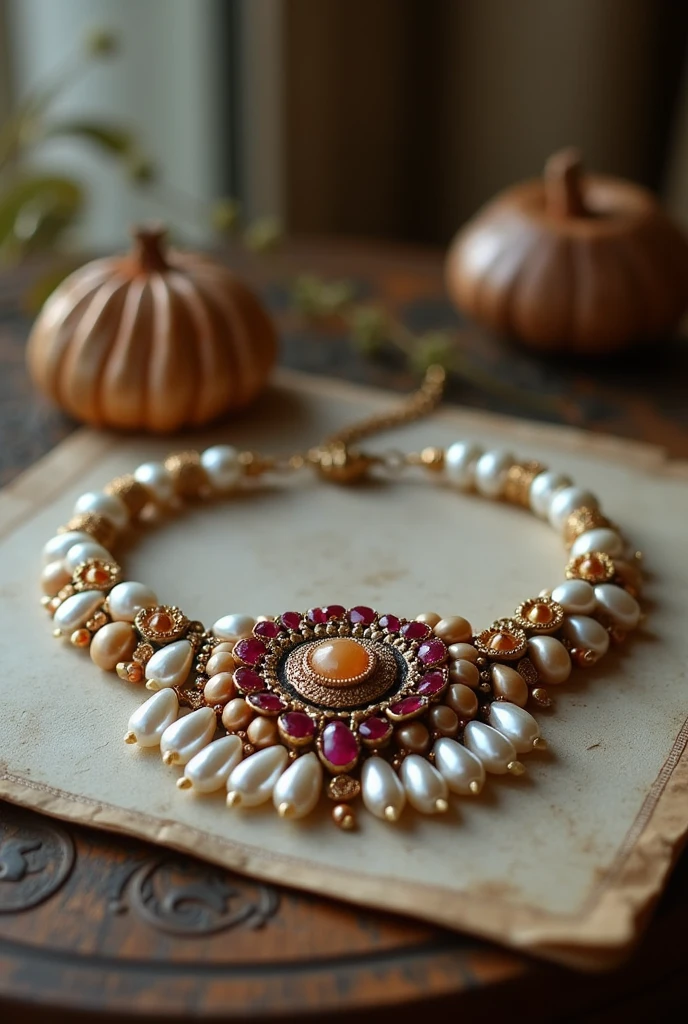 On the table is placed a pearl necklace shel mix ravena with a unique design made of brass and ruby ,(choker),4k hd,(Real photographs),work of art, best qualityer