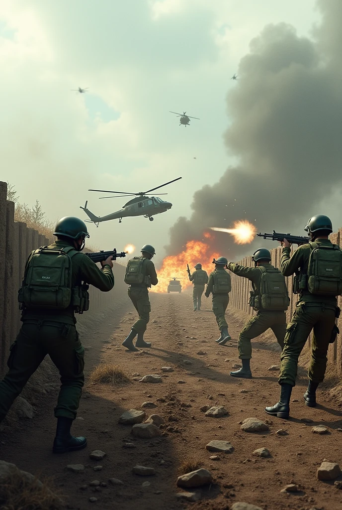 To generate an image of a war scene between Pakistani and Indian soldiers, here's a detailed prompt:
"An intense battlefield scene showing Pakistani and Indian soldiers engaged in combat. The soldiers are in realistic military uniforms, with Pakistani troops in green camouflage and Indian troops in their standard army fatigues. The terrain is rugged, with rocky ground and sparse vegetation. Smoke and fire are present, with tanks and helicopters in the background. Both sides are actively fighting, with soldiers taking cover behind barriers and exchanging gunfire. The sky is cloudy, adding to the dramatic atmosphere of the battlefield."