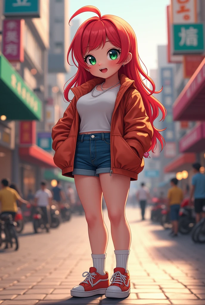 A girl , transformed into an anime style, with unique clothing and facial features light skin , big green eyes , thick lips , wavy red hair , chubby girl with big breasts and butt , of 1.58 meters high ,standing on a bustling city street, backlit background that highlights the subject, high contrast colors, 4K High Definition Quality，young, smiling, elegant, phone gamer girl 