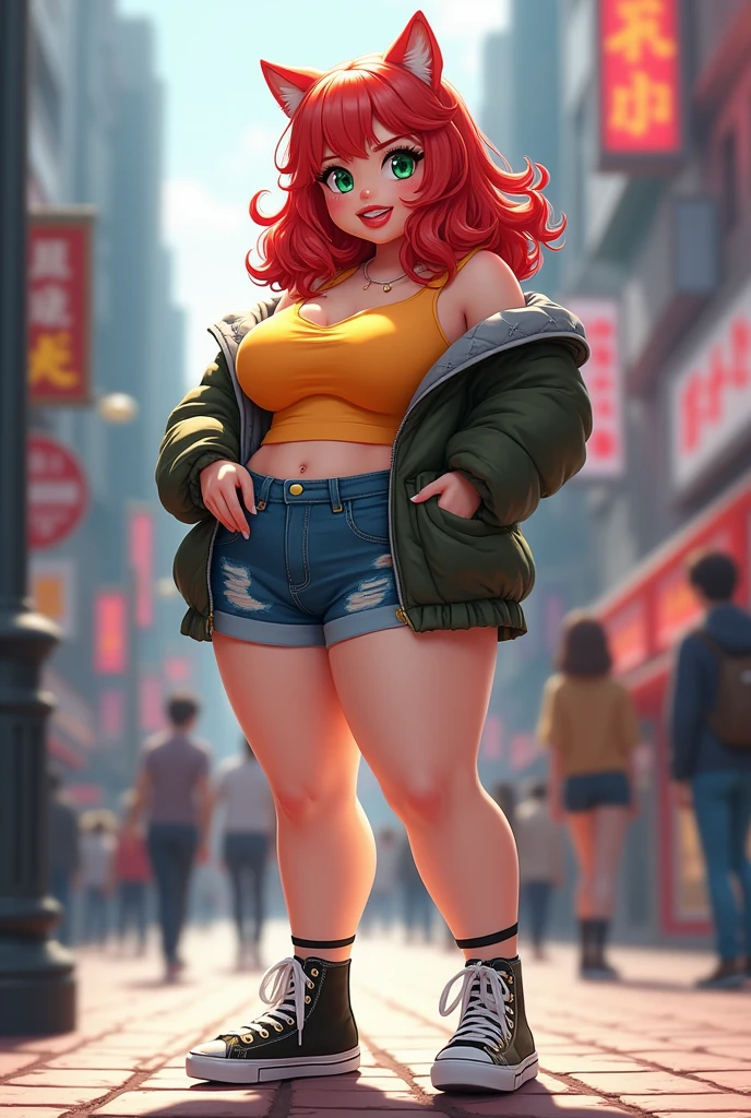 A girl , transformed into an anime style, with unique clothing and facial features light skin , big green eyes , thick lips , wavy red hair , chubby girl with big breasts and butt , of 1.58 meters high ,standing on a bustling city street, backlit background that highlights the subject, high contrast colors, 4K High Definition Quality,young, smiling, elegant, phone gamer girl