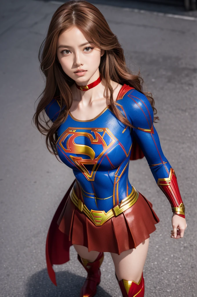 Ultra-realistic depictions,ultra-fine photos,, Best quality, Ultra high definition, Natural light, Full body portrait,( Amazingly beautiful style),((Chestnut hair and semi-long hair that sits in the wind))), Dynamic poses, Detailed beauty face, Brilliant eyes, Front view, (((supergirl costume))), enamel boots, big and full breasts, off shoulder, model body shape, shiny, long sleeve, looking at camera, choker, red mini skirt, Weekly magazine cover, gravure magazine, sweaty, from right in front, Seduce, Urban street, (Beautiful body in detail),((Big)),High detail skin, Realistic skin details, visible pores, sharp focus, 8K UHD, digital, high quality, fair skin, view from below