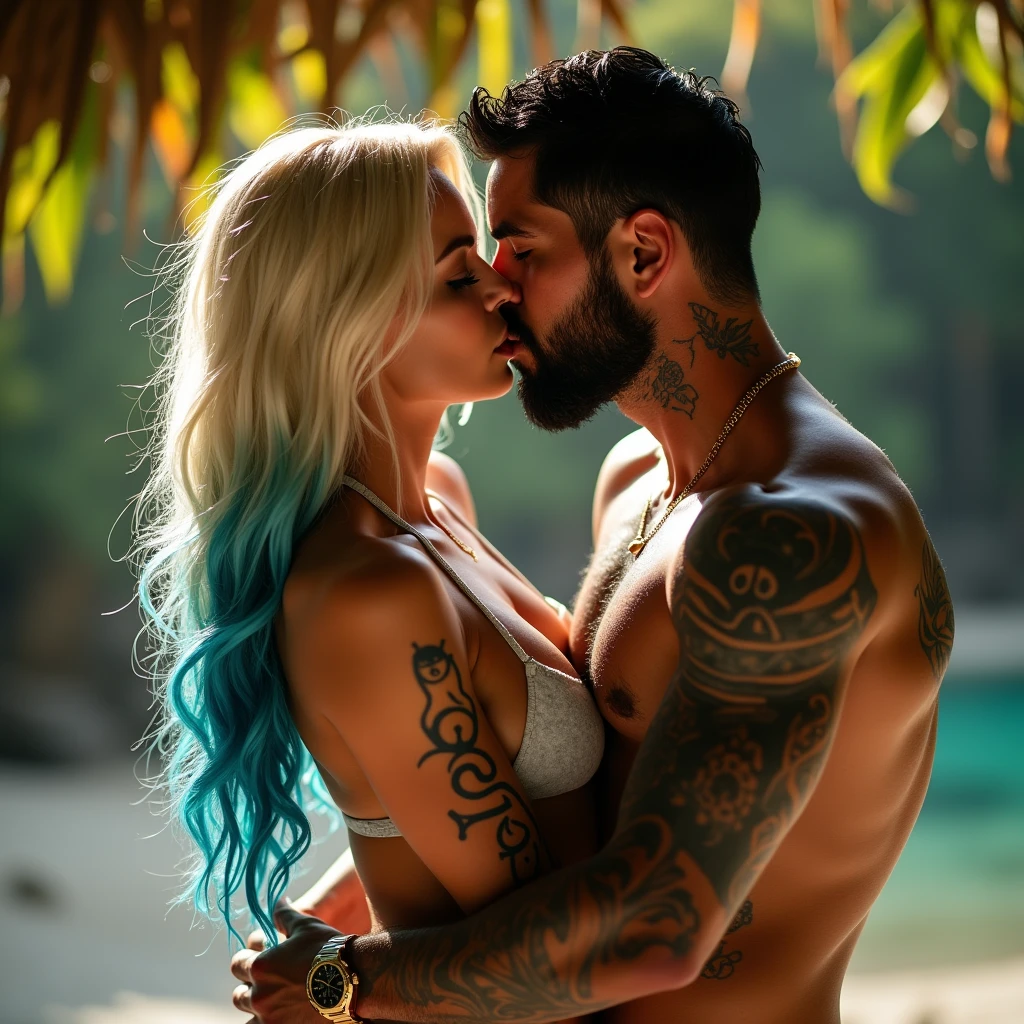 High resolution, multiple views, vivid, hd, zoomed out, a gorgeous, Caucasian woman, long blonde hair with blue hair ends, beautiful makeup and contour, tattoos, “Eli” tattoo on collarbone, big breasts, seductively kissing, wearing bikini, kissing a handsome white man with jet black hair with skin fade, short black beard, tattoos, hickies on neck, athletic build, gold rolex watch on left wrist, muscles, swim trunks, hand gripping her waist