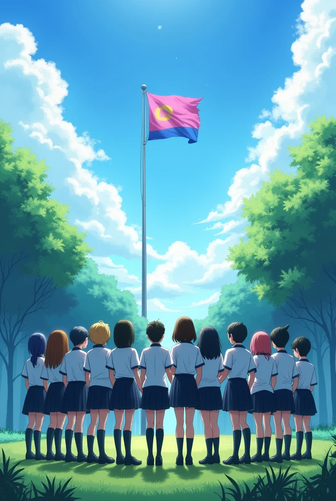 A landscape of 19 students wearing uniform, facing their back, holding hands, and looking up to a pink and blue flag. Square size