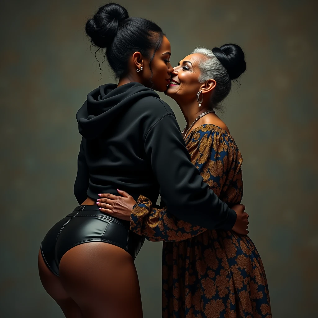 black woman hair in a bun black hoodie   black leather short shorts   a old grandma in a dress  kissing her ass behind her squeezing her butt
