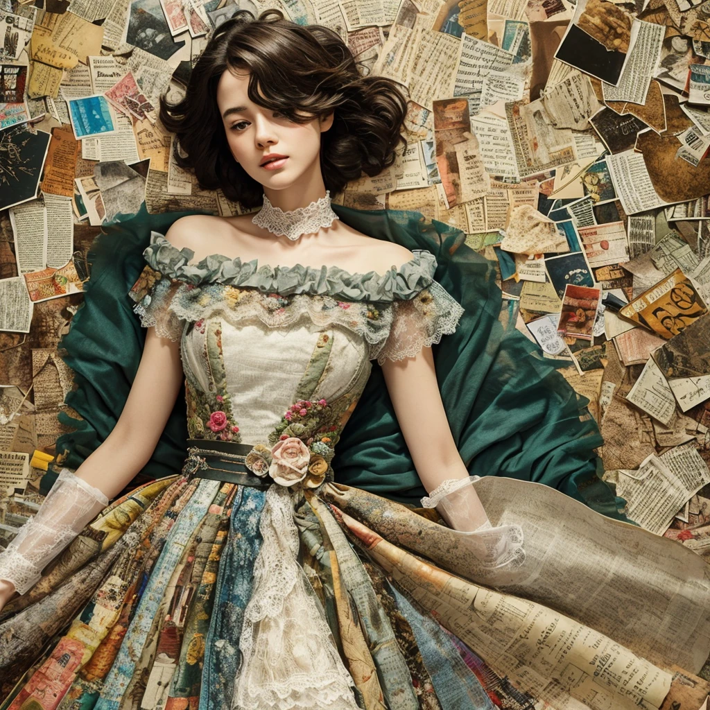very detailed 알코올 잉크 그림, Created on a mixed media masterpiece patchwork of stress-free vintage script paper., ephemera, torn cardboard, Vintage Newspaper, Vintage Sheet Music, Something sealed, Dress made of paper ruffles and life-size elegant lace, in style [Junk Journal, double exposure, Same as body size, Greg Simpkins, Mark Davis, Oliver Jeffers, Andy Kehoe], cinematic, Very cool, very detailed, 8k, The fog has cleared