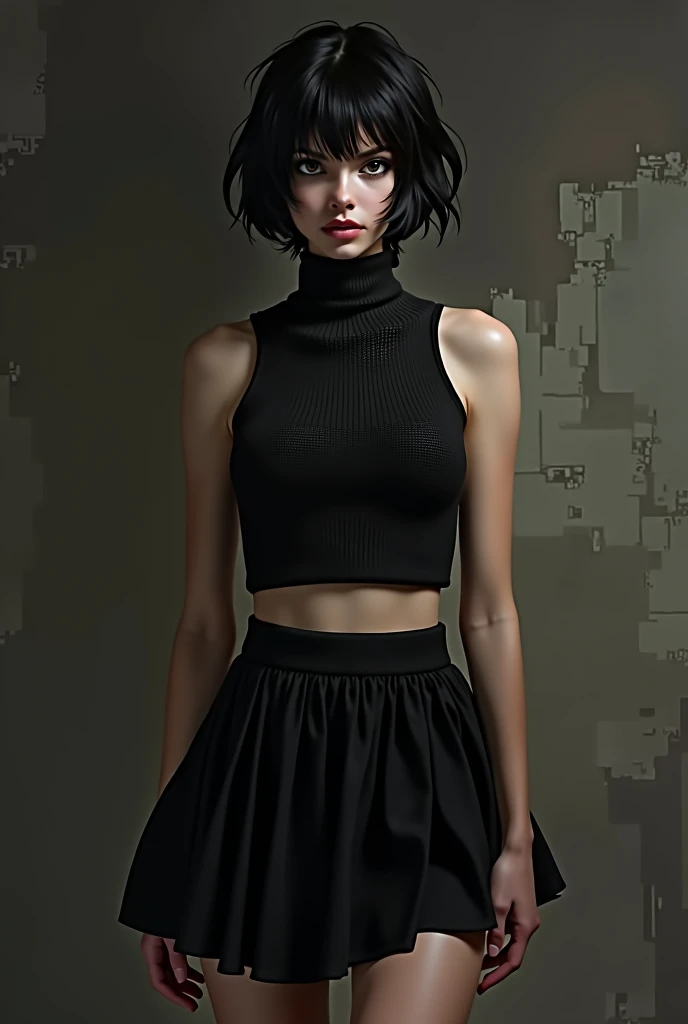 Black eyes, black knit, sleeveless, flared skirt, short hair