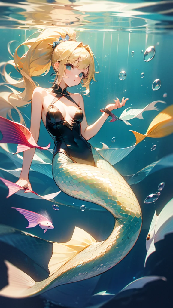 high resolution、ponytail、Blonde Perm、Mermaid。Colorful、Fantastic、Ocean、Soap bubble、Beautiful fantasy