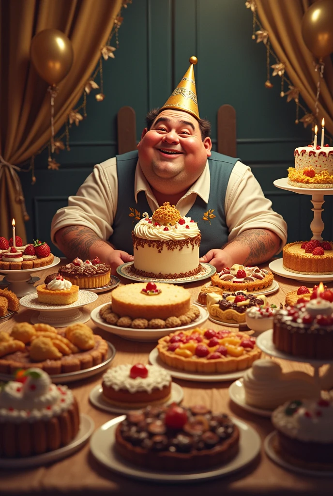 Happy birthday fat man with lots of food