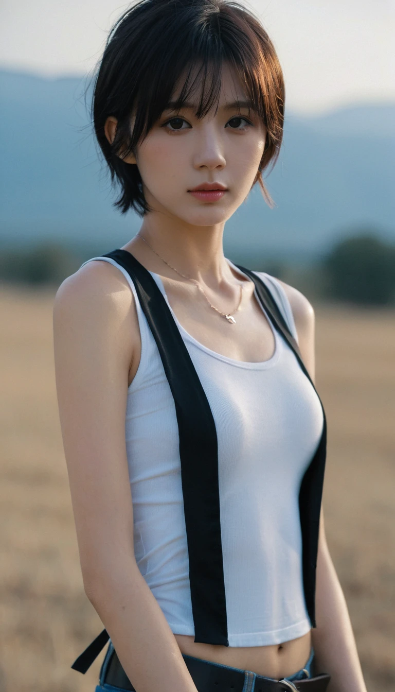 1 girl, (Bare armpits are visible:1.4)、(Standing facing the camera:1.5)、(A camisole that lets your skin show through:1.6),(Small, flat chest:1.7)、 (Looking into the camera:1.5)、Beautiful Japanese actresses, Photogenic, Yukihime, Long eyelashes, Snowflake Earrings, (RAW Photos, highest quality), (reality, reality的:1.4), (Flying debris), Beautiful details, Beautiful lip detail, Highly detailed eyes and face, BREAK is perfect anatomy, The whole body is thin, Small breasts, (short hair:1.3), Angel'smile, Crystal Skin, Wake up, Capture the light