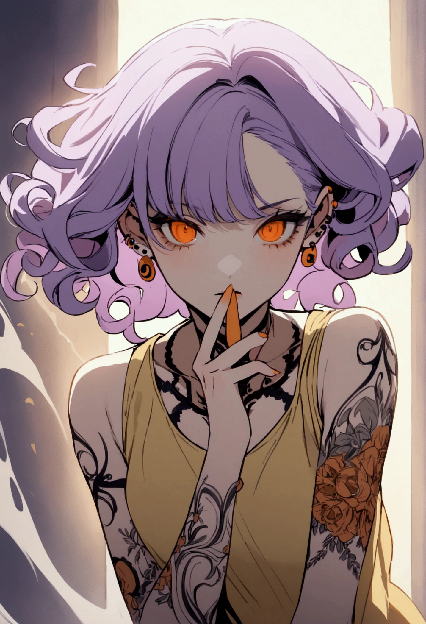 a woman with medium curly pastel purple hair and bright, piercing orange eyes.She is full of piercings and a long tattoo on her arm. While wearing a pale yellow sleeveless top she is smoking